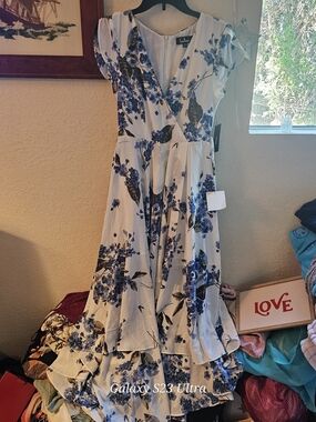 Lulu's White Maxi Dress with Blue Floral Print